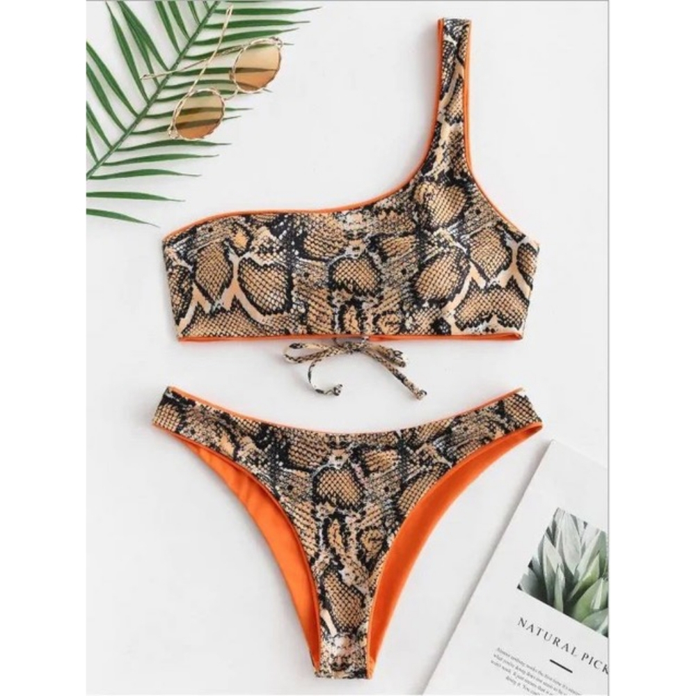 Snake Print Bikini Set – Sexy One Shoulder Two Piece Swimsuit